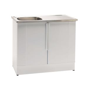 Balta izlietne ar nerūsējošā tērauda izlietni, taisnstūra forma, divas durvis apakšā.