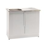 Balta izlietne ar nerūsējošā tērauda izlietni, taisnstūra forma, divas durvis apakšā.