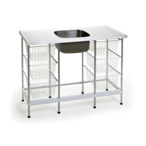 Nimo NB 1200 izlietne ar metāla virsmu, pelēku izlietni un metāla stenderi, ar groziem sānos.