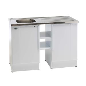 Balta izlietne ar nerūsējošā tērauda virsmu, ar vienu izlietni un plauktiem sānos.