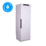 Balts apģērbu žāvēšanas skapis ar melnu rokturi, vertikāla forma, moderns dizains un digitāls panelis.