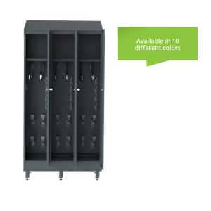 Melns žāvēšanas skapis ar trim nodalījumiem un āķiem, pieejams desmit krāsās. Moderns un funkcionāls dizains.