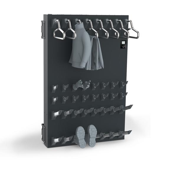 Melns žāvēšanas panelis ar āķiem apģērba un apavu žāvēšanai, ar modernu dizainu un funkcionālām plauktiem.