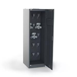 Elpošanas masku žāvētājs ar pelēku metāla korpusu un atvērtu durvju dizainu, iekšpusē vieta maskām.