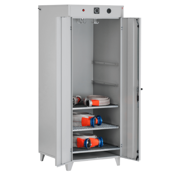 Spiediena šļūteņu žāvēšanas skapis OSMA STS 900, pelēks, ar divām durvīm un plauktiem, iekārtots ar ventilāciju.