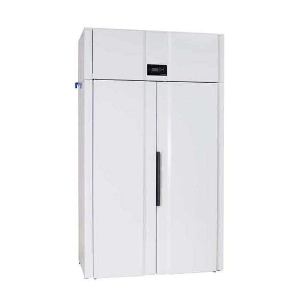 Balts apģērbu žāvēšanas skapis ar divām durvīm, digitālo displeju un melnu rokturi. Moderns un elegants dizains.