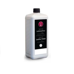 Balta plastmasas pudele ar melnu etiķeti, uz kuras norādīts "Leather Polish" un logo.