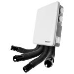 Balts apavu žāvētājs ar trim melniem elastīgiem caurulēm un divām vadības pogām. Kompakta forma un moderns dizains.