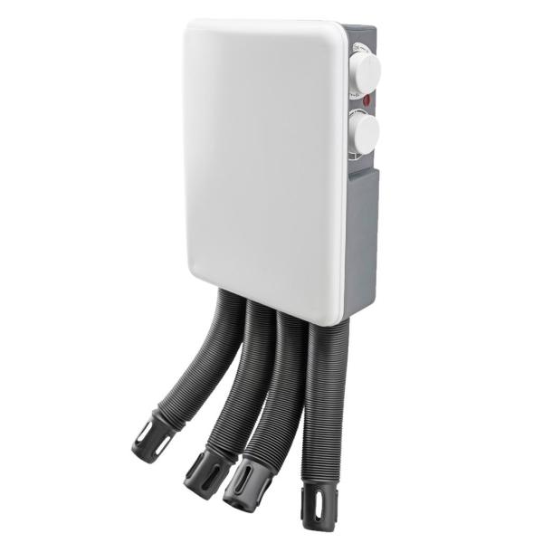 Balts apavu žāvētājs ar pelēku korpusu un trim melnām elastīgām caurulēm siltā gaisa plūsmai. Divi regulatori.